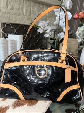 Coach Peyton Embossed
Black Patent Shoulder Bag with Tan Trim